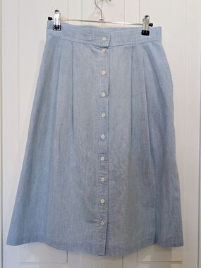 Vintage L.L.Bean Classic Light Blue Chambray Denim Button-Front A-Line Skirt | 2